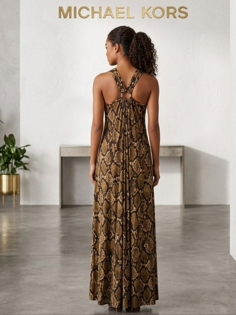Michael Kors Brown Snake-Print Maxi Dress with Racerback